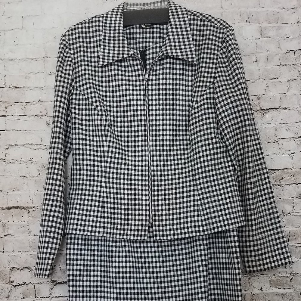 jd stone Dress Suit Black and White check A line dress front zip jacket